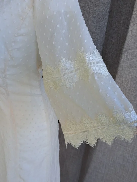 Polagram Ivory Swiss Dot Modest Midi Dress Lace Sleeves V-Neck Size L - Picture 3 of 16